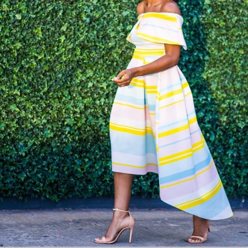 easter off the shoulder stripe dress high low - Picture 2 of 4